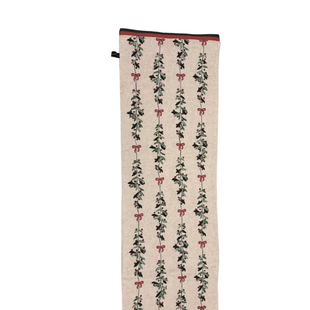 TAHARI Home Christmas Table Runner Natural Red and Green Holly Silver 16